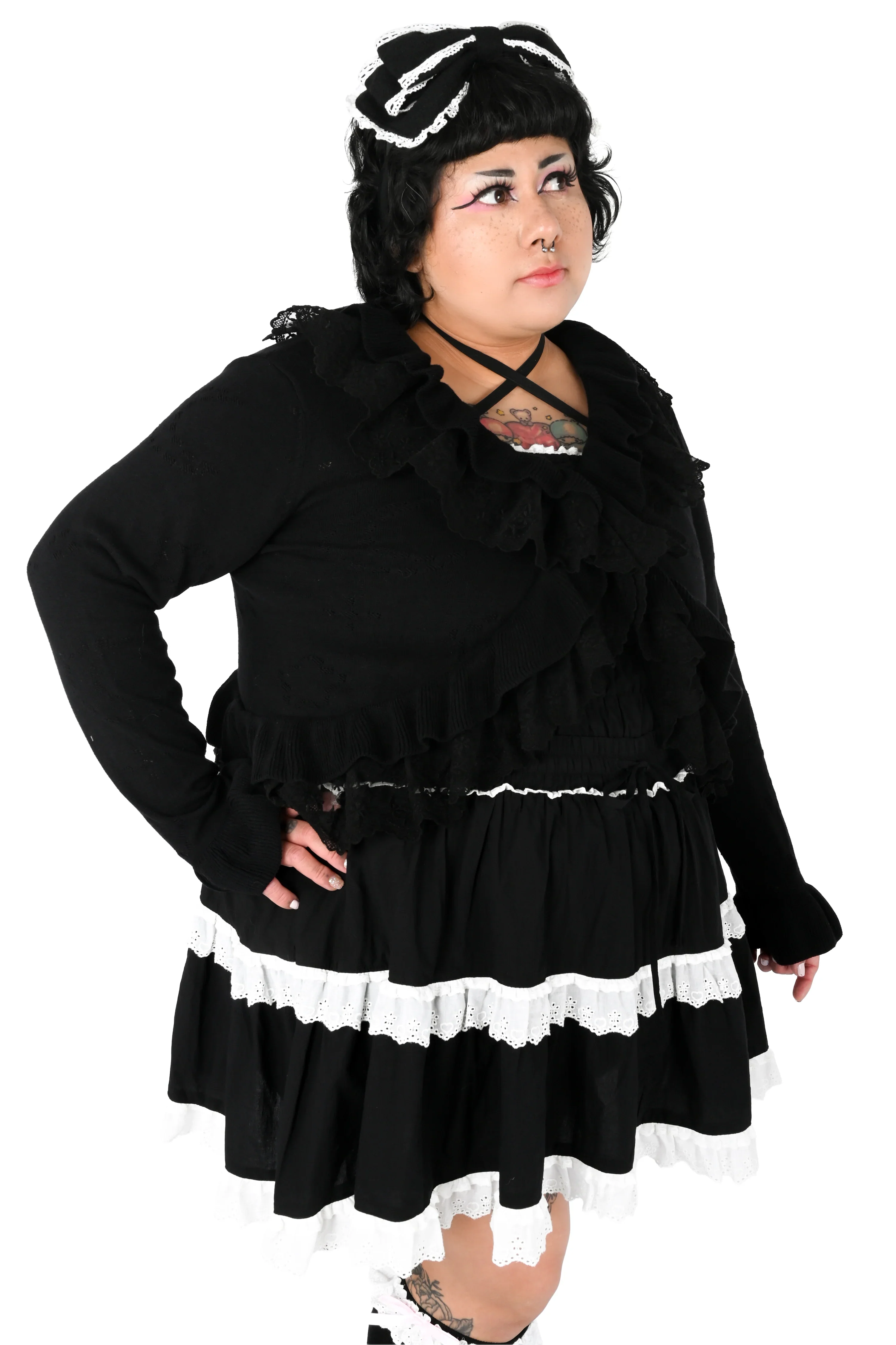 Selene Pointelle Ruffle Cardigan - Black