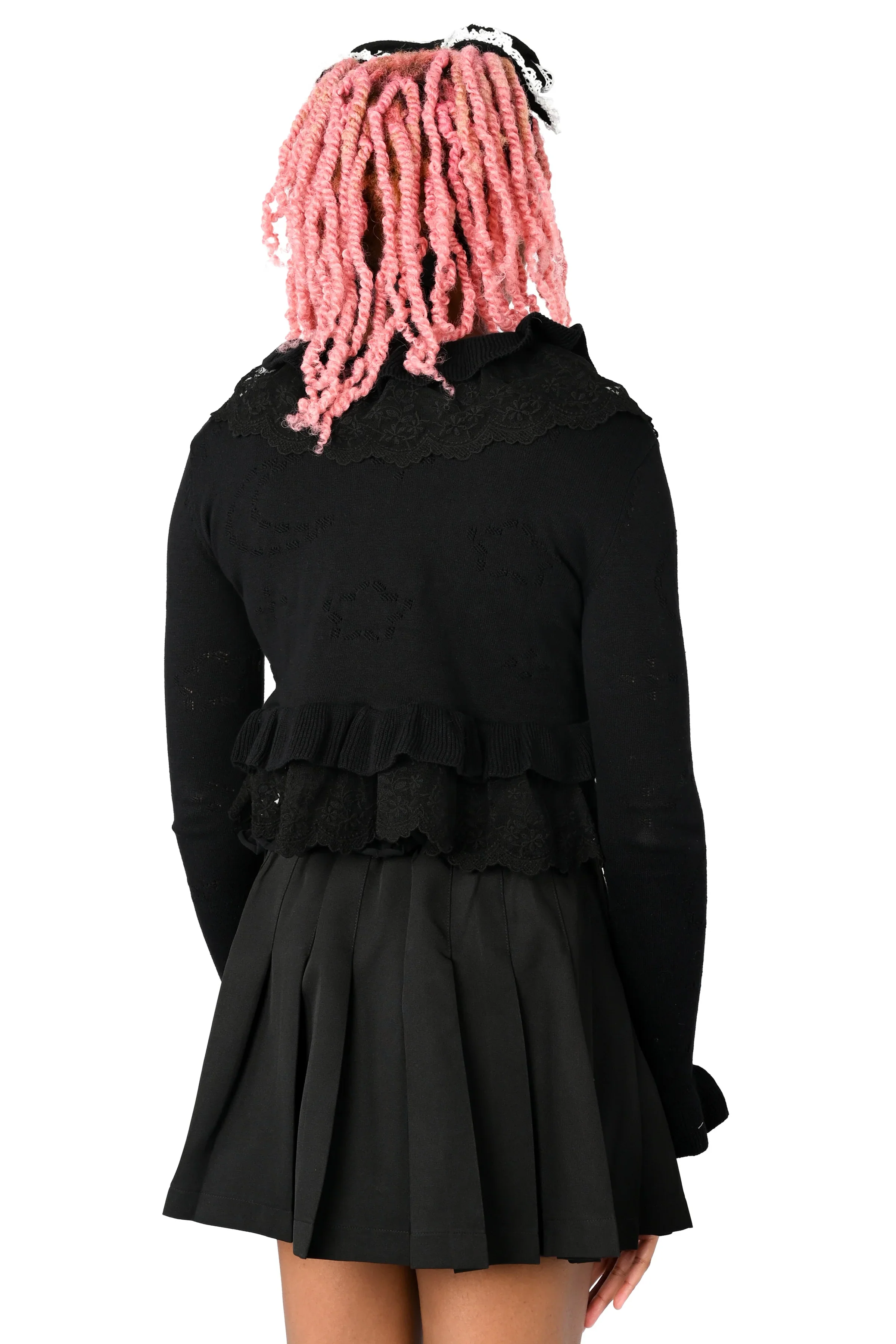 Selene Pointelle Ruffle Cardigan - Black - Image 5