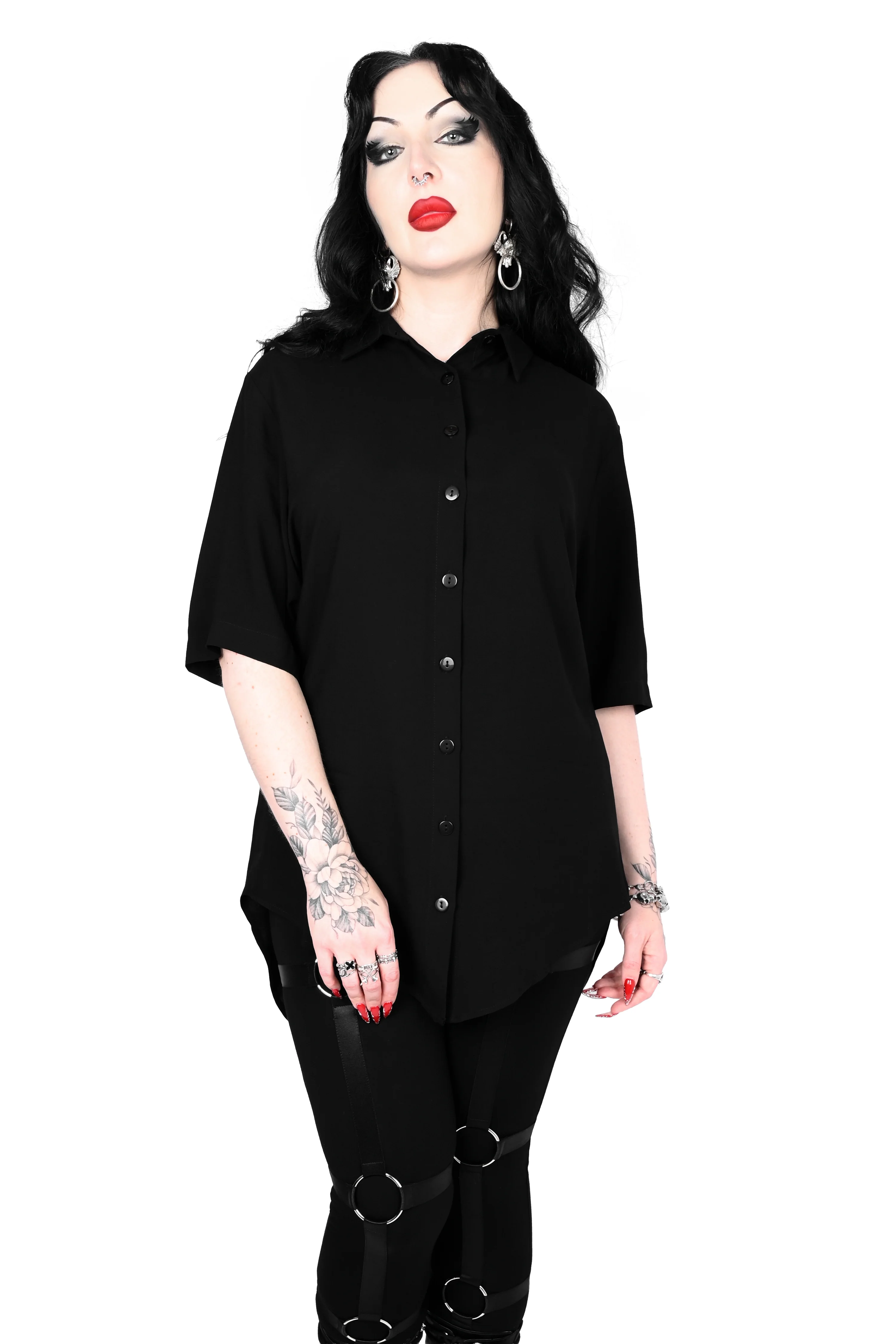 Short Sleeve Memphis Oversized Shirt - Solid Black - Image 3